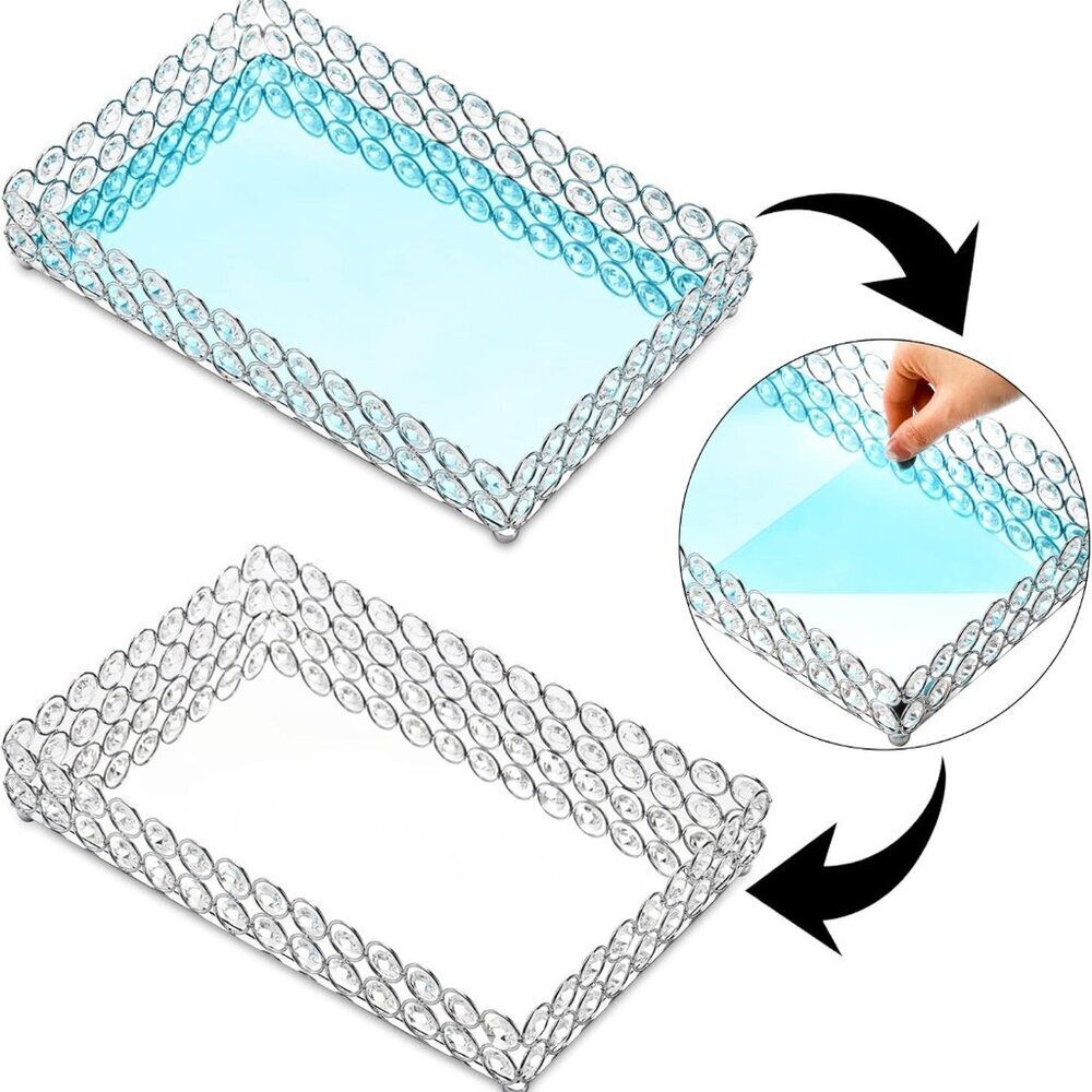 Crystal Cosmetic Makeup Tray, 12.3" x 8" Mirrored Vanity Tray, Large Jewelry Tri - Picture 4 of 6